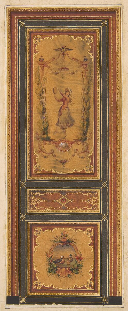 Design for a decorated door, Jules-Edmond-Charles Lachaise (French, died 1897), Graphite, pen and ink, watercolor, and gold paint on wove paper; in laid in wove paper 