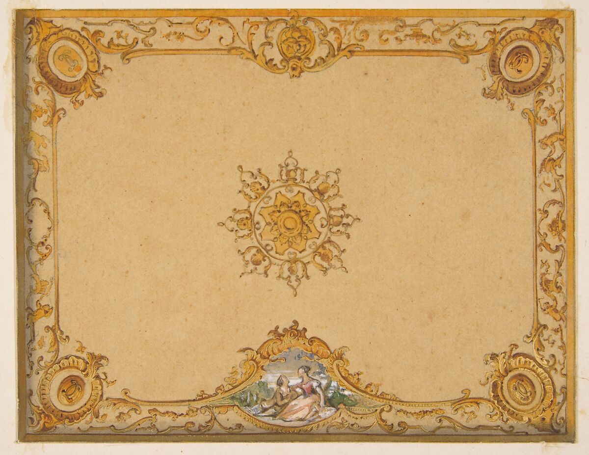 Design for a ceiling with painted decoration, Jules-Edmond-Charles Lachaise (French, died 1897), graphite, watercolor, and gold paint on wove paper; mounted on wove paper 