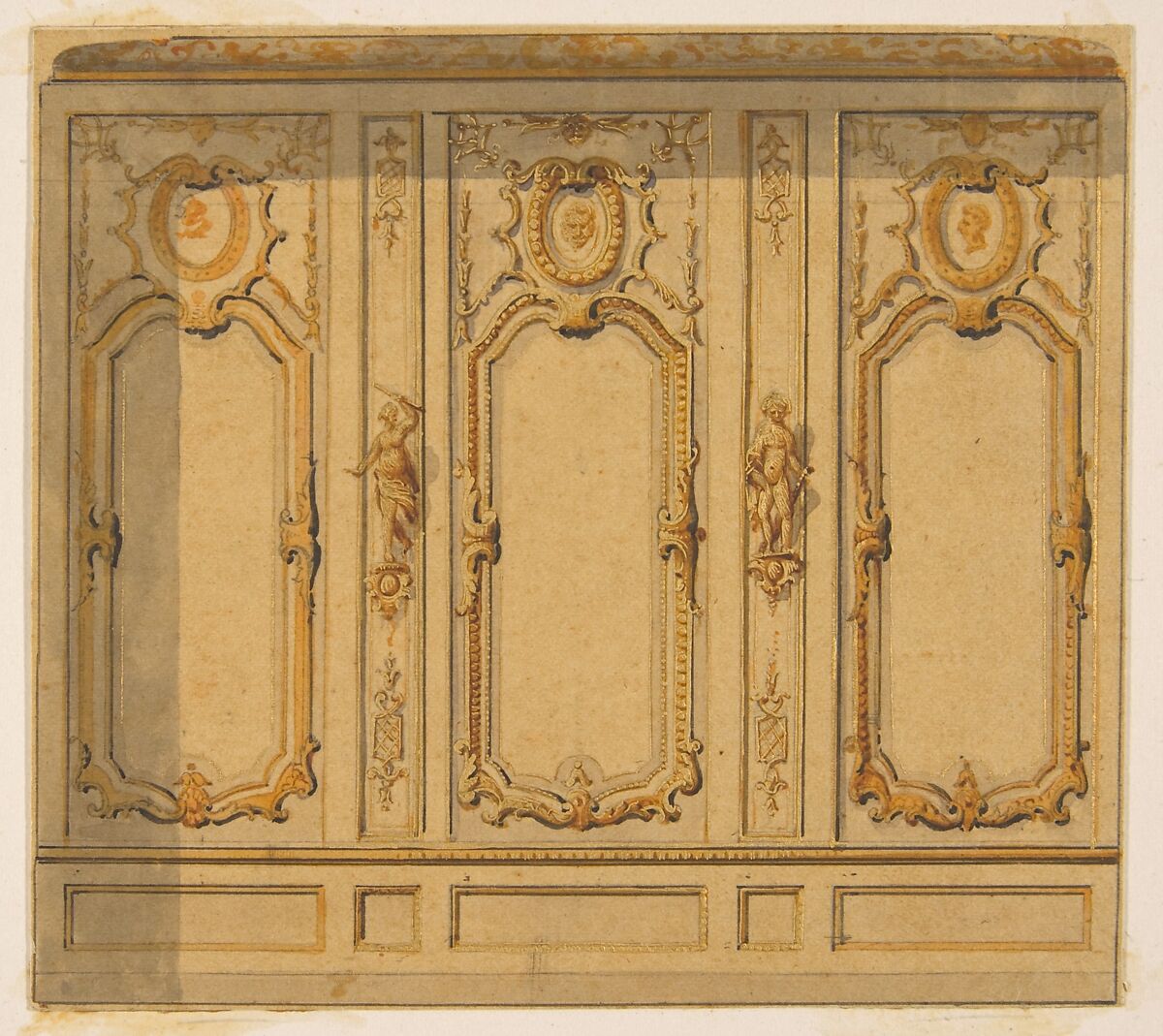 Elevation of an interior showing a wall decorated in ornate panels and mounted statuettes, Jules-Edmond-Charles Lachaise (French, died 1897), graphite, pen and ink, watercolor, and gold paint on wove paper; mounted on wove paper 
