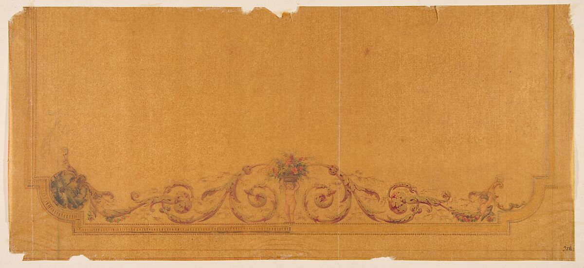 Design for decorative border to a ceiling with a putto carrying a basket of flowers, Jules-Edmond-Charles Lachaise (French, died 1897), graphite and watercolor on wove paper; mounted on cardboard 