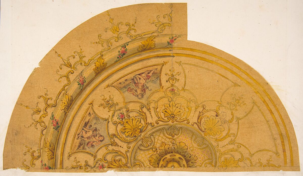 Partial design for a circular ceiling decoration, Jules-Edmond-Charles Lachaise (French, died 1897), graphite and watercolor on tracing paper; mounted on cardboard 