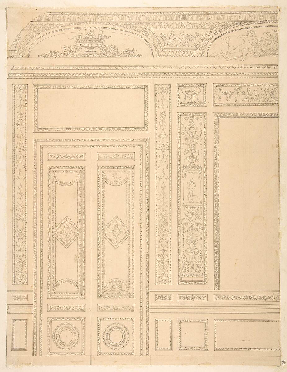 Elevation of an interior showing a paneled wall and double doors decorated in rococco sty.e, Jules-Edmond-Charles Lachaise (French, died 1897), graphite on wove paper; inlaid in wove paper 