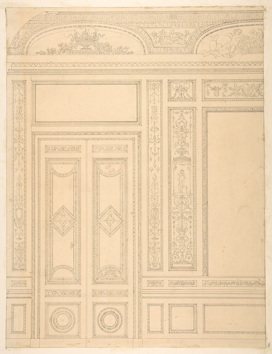 Elevation of an interior showing a paneled wall and double doors decorated in rococco sty.e, Jules-Edmond-Charles Lachaise (French, died 1897), graphite on wove paper; inlaid in wove paper 