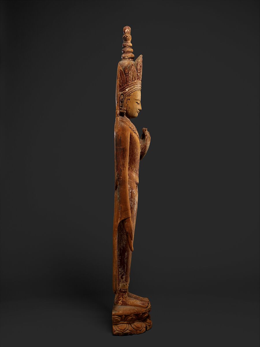 Standing Crowned and Jeweled Buddha, Wood with traces of red lacquer, gesso and gold leaf, Burma