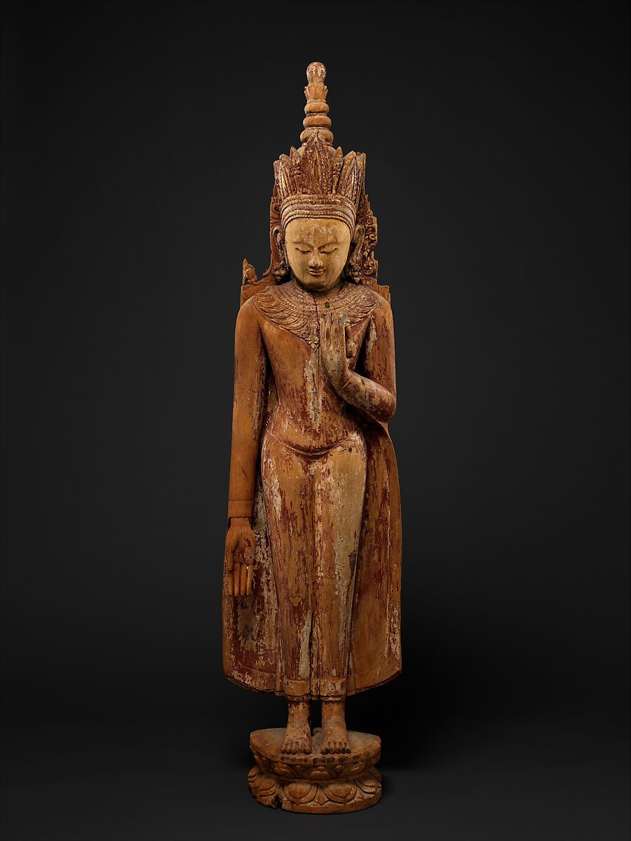 Standing Crowned and Jeweled Buddha, Wood with traces of red lacquer, gesso and gold leaf, Burma 
