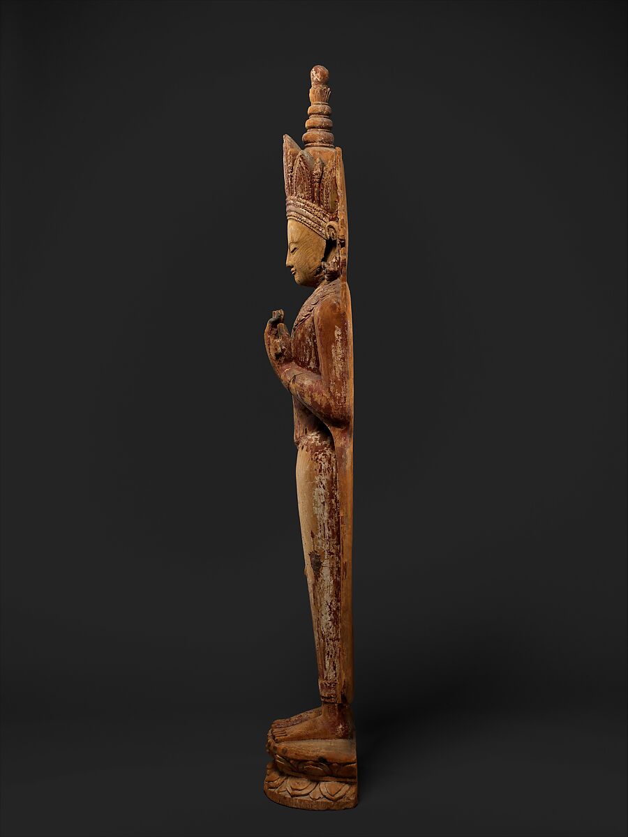 Standing Crowned and Jeweled Buddha, Wood with traces of red lacquer, gesso and gold leaf, Burma