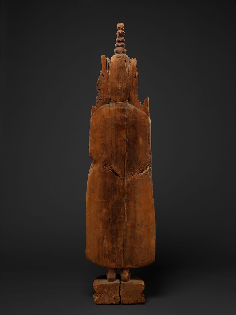Standing Crowned and Jeweled Buddha, Wood with traces of red lacquer, gesso and gold leaf, Burma