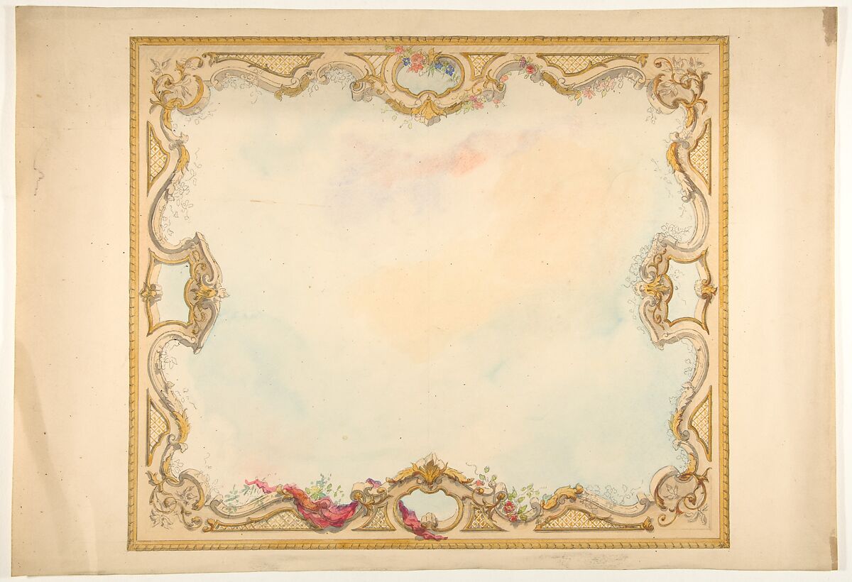 Design for the decoration of aceiling with painted clouds and a pierced border, Jules-Edmond-Charles Lachaise (French, died 1897), graphite, pen and ink, wash, and watercolor on wove paper 