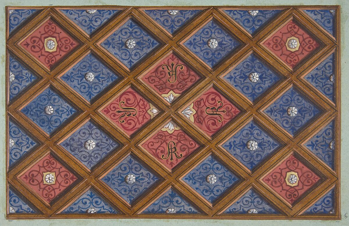 Design for a coffered ceiling with painted initials:  SRI (?), Jules-Edmond-Charles Lachaise (French, died 1897), graphite, pen and ink, watercolor and gold paint on wove paper; inlaid in blue wove paper 