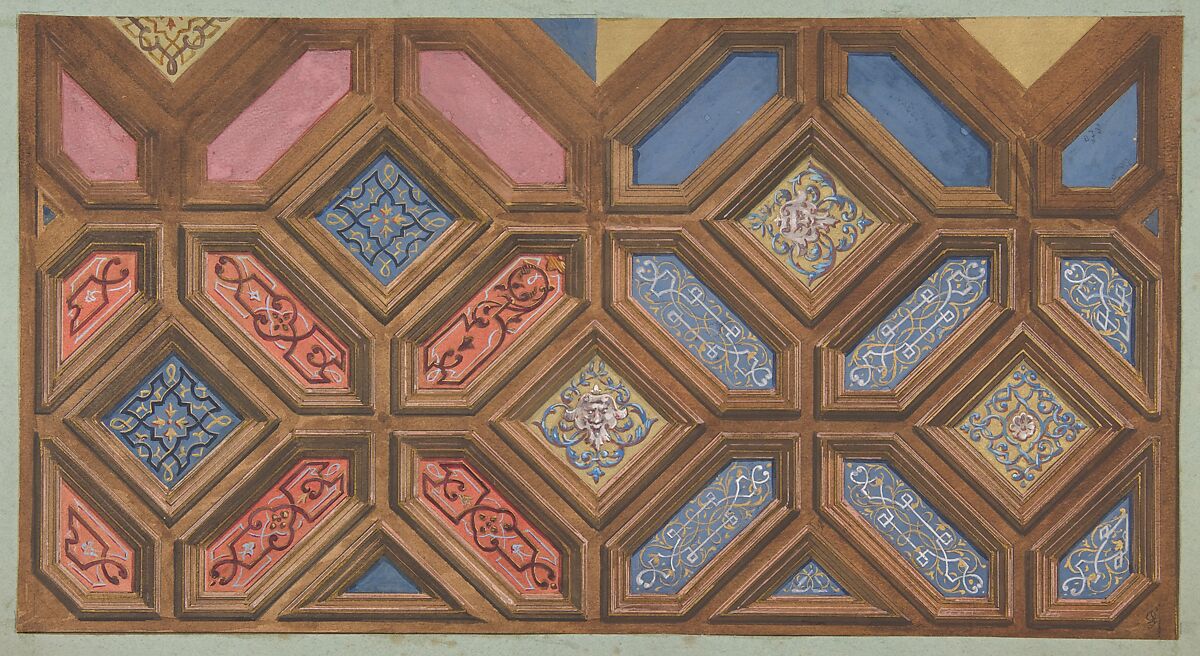 Alternate designs for the decoration of a coffered ceiling, Jules-Edmond-Charles Lachaise (French, died 1897), graphite, pen and ink, gouache, and gold paint on wove paper;  inlaid in blue wove paper 