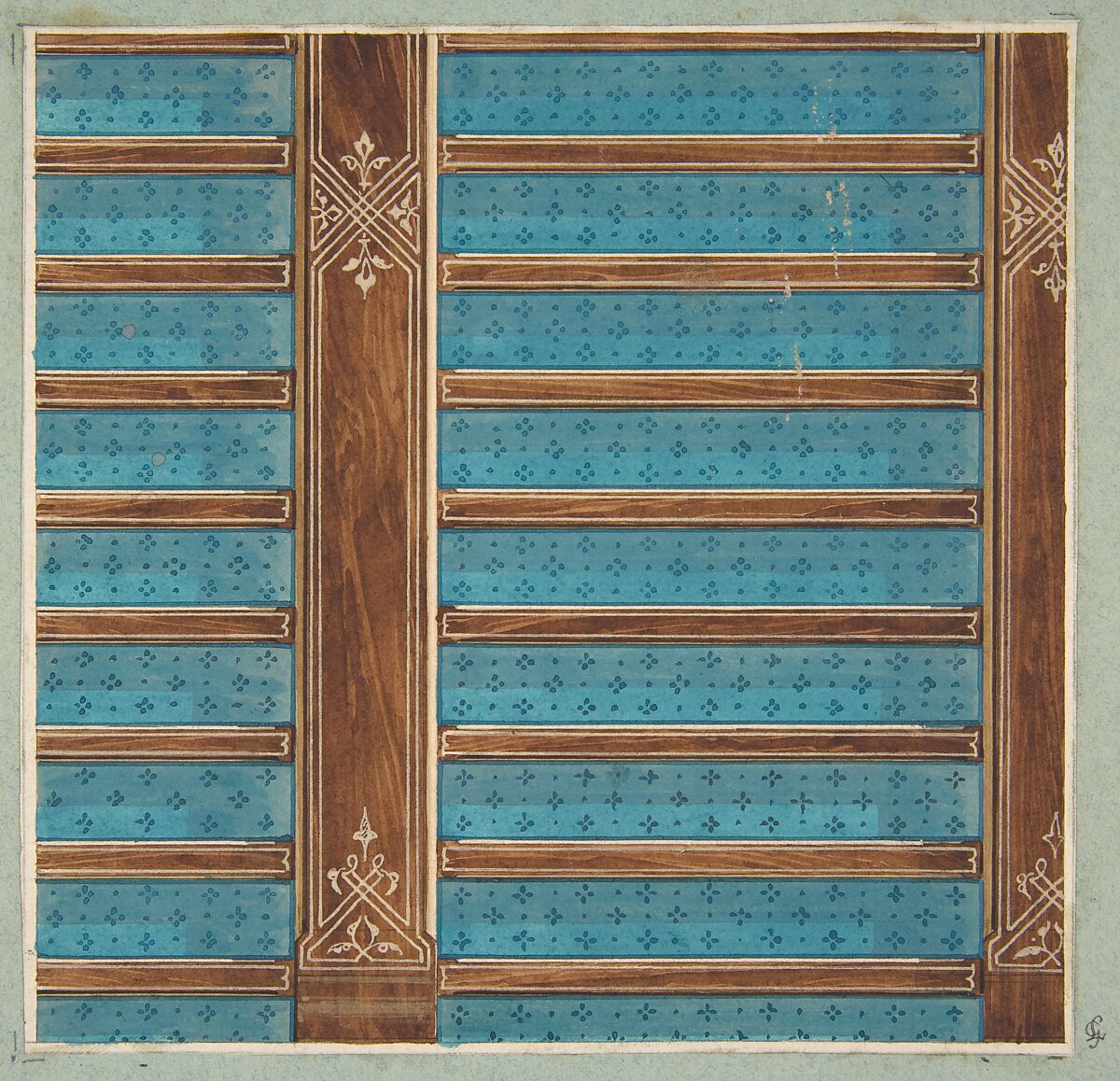 Design for the decoration of a beamed ceiling, Jules-Edmond-Charles Lachaise (French, died 1897), graphite and watercolor on wove paper; inlaid in blue wove paper 
