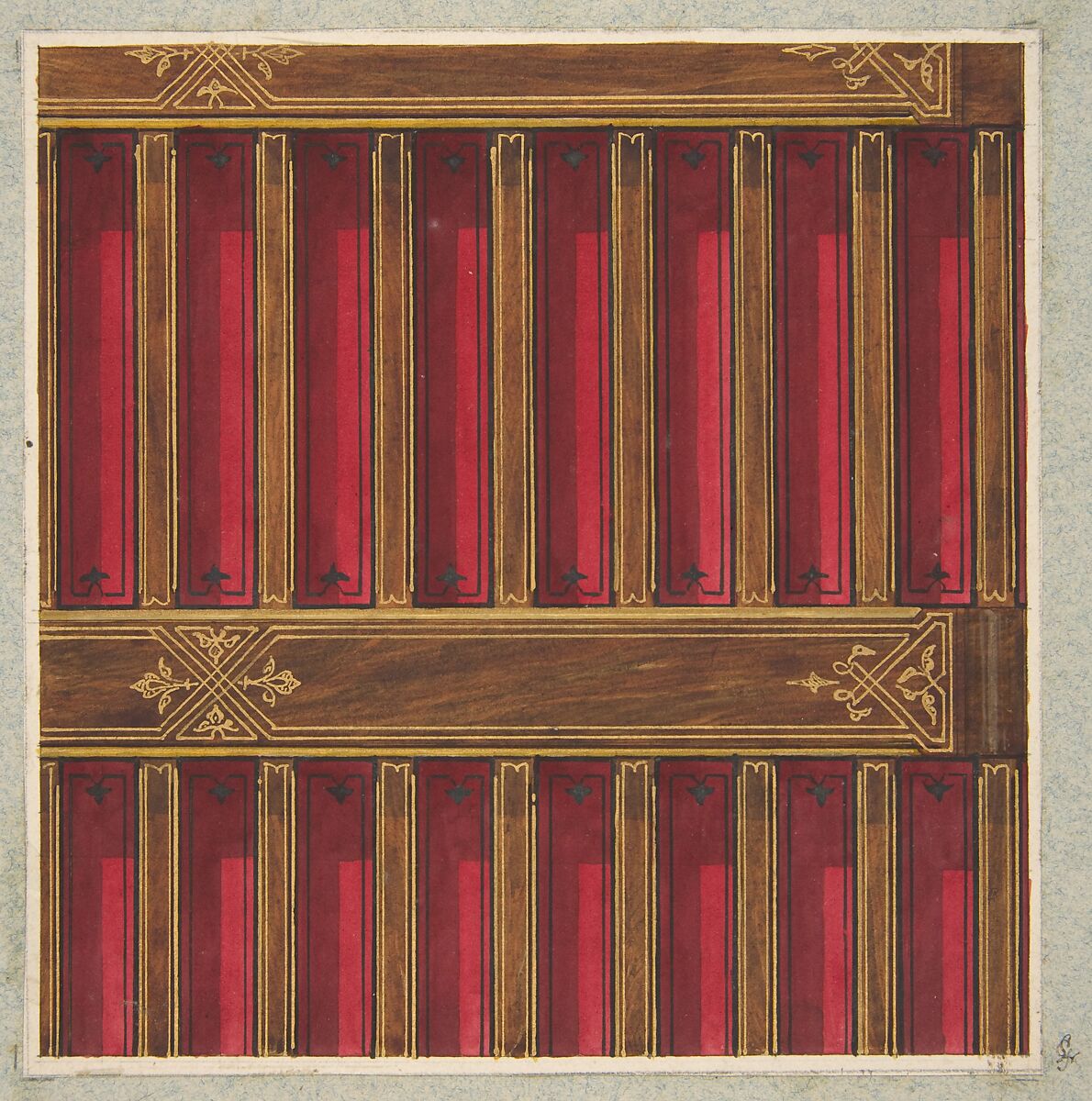 Design for the decoration of a beamed ceiling, Jules-Edmond-Charles Lachaise (French, died 1897), graphite, watercolor, and gold paint on wove paper; inlaid in blue wove paper 