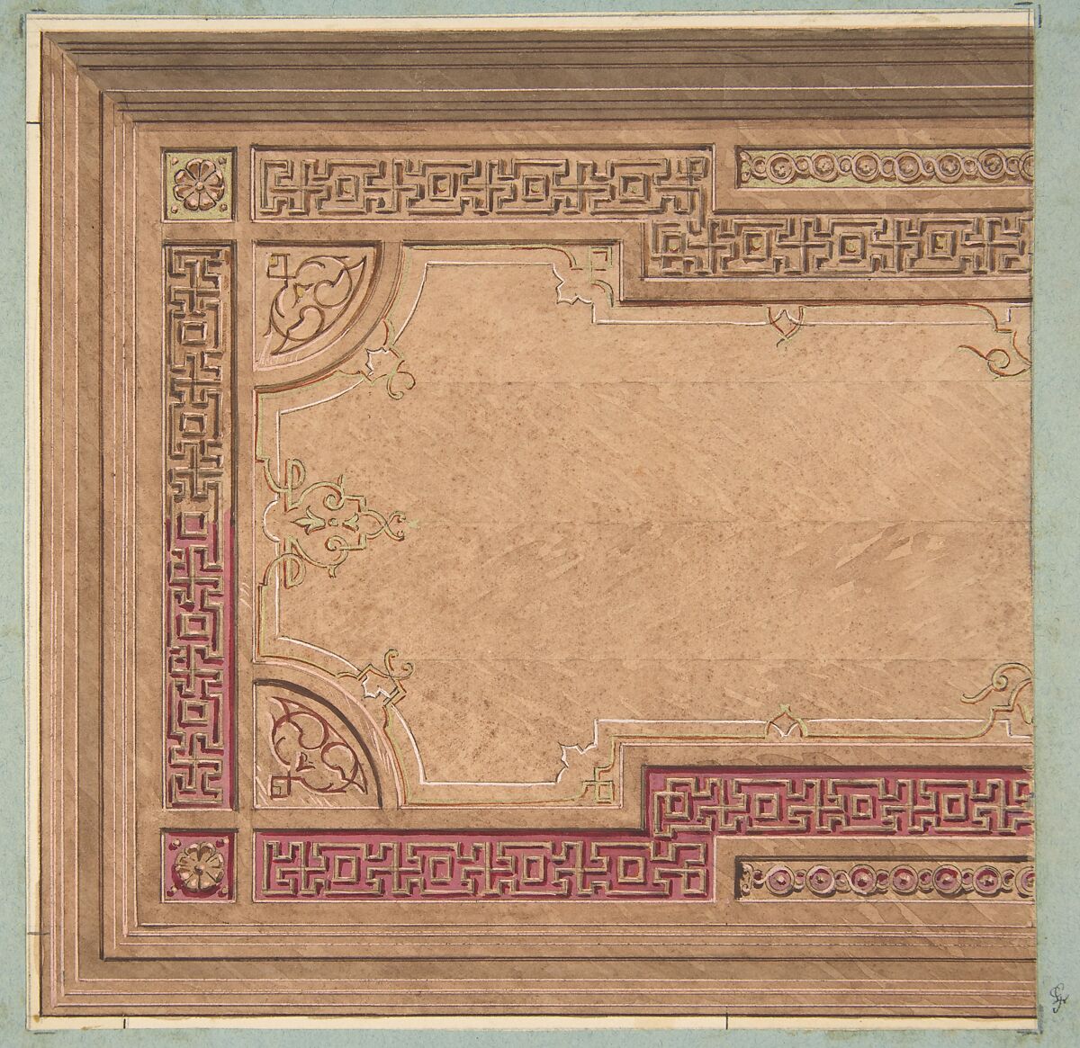 Partial Design for the decoration of a ceiling, Jules-Edmond-Charles Lachaise (French, died 1897), graphite and watercolor on wove paper; inlaid in blue wove paper 