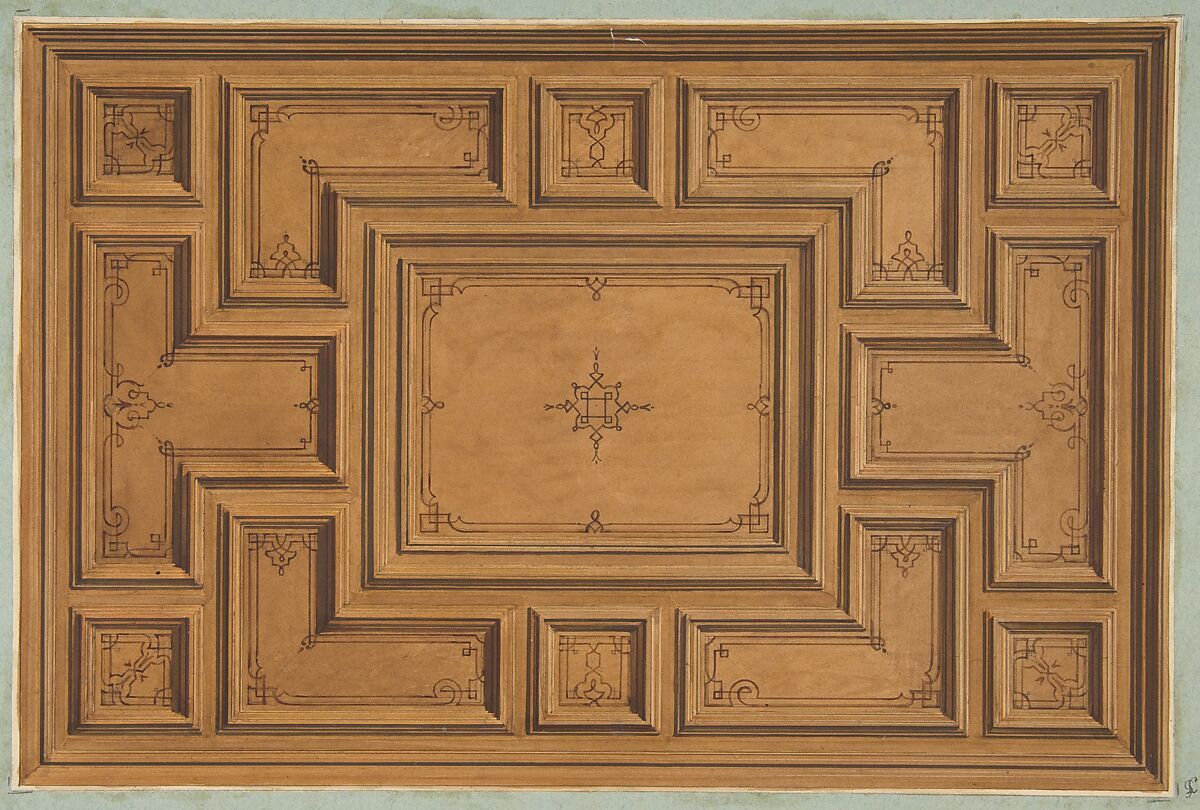 Design for a decorated ceiling, Jules-Edmond-Charles Lachaise (French, died 1897), graphite, pen and ink, and watercolor on wove paper; inlaid in blue wove paper 