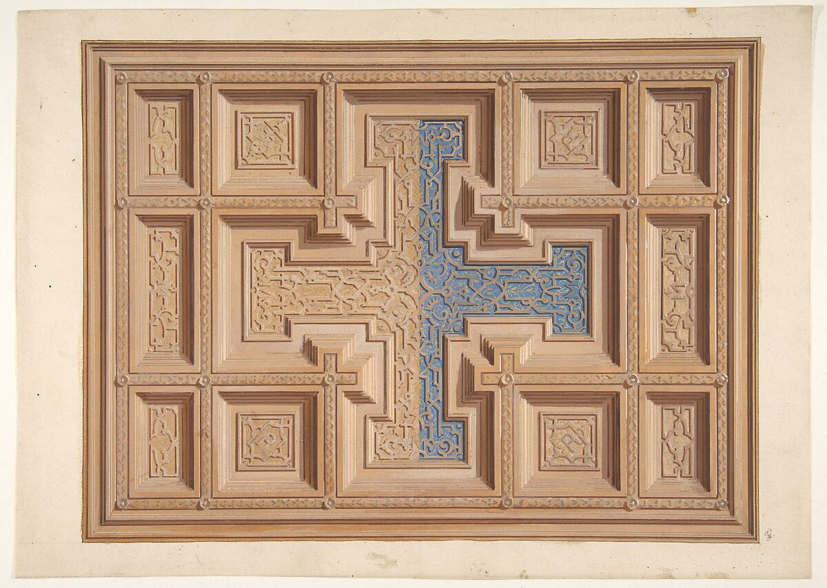 Design for the decoration of a ceiling, Jules-Edmond-Charles Lachaise (French, died 1897), graphite, pen and ink, watercolor, and gold paint on wove paper 