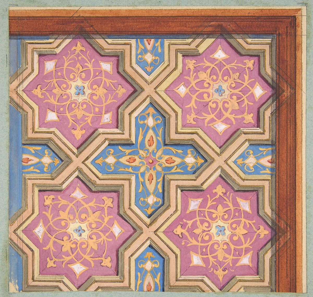 Partial design for the decoration of a ceiling, Jules-Edmond-Charles Lachaise (French, died 1897), graphite, pen and ink, watercolor and gouache on wove paper;  inlaid in blue wove paper 