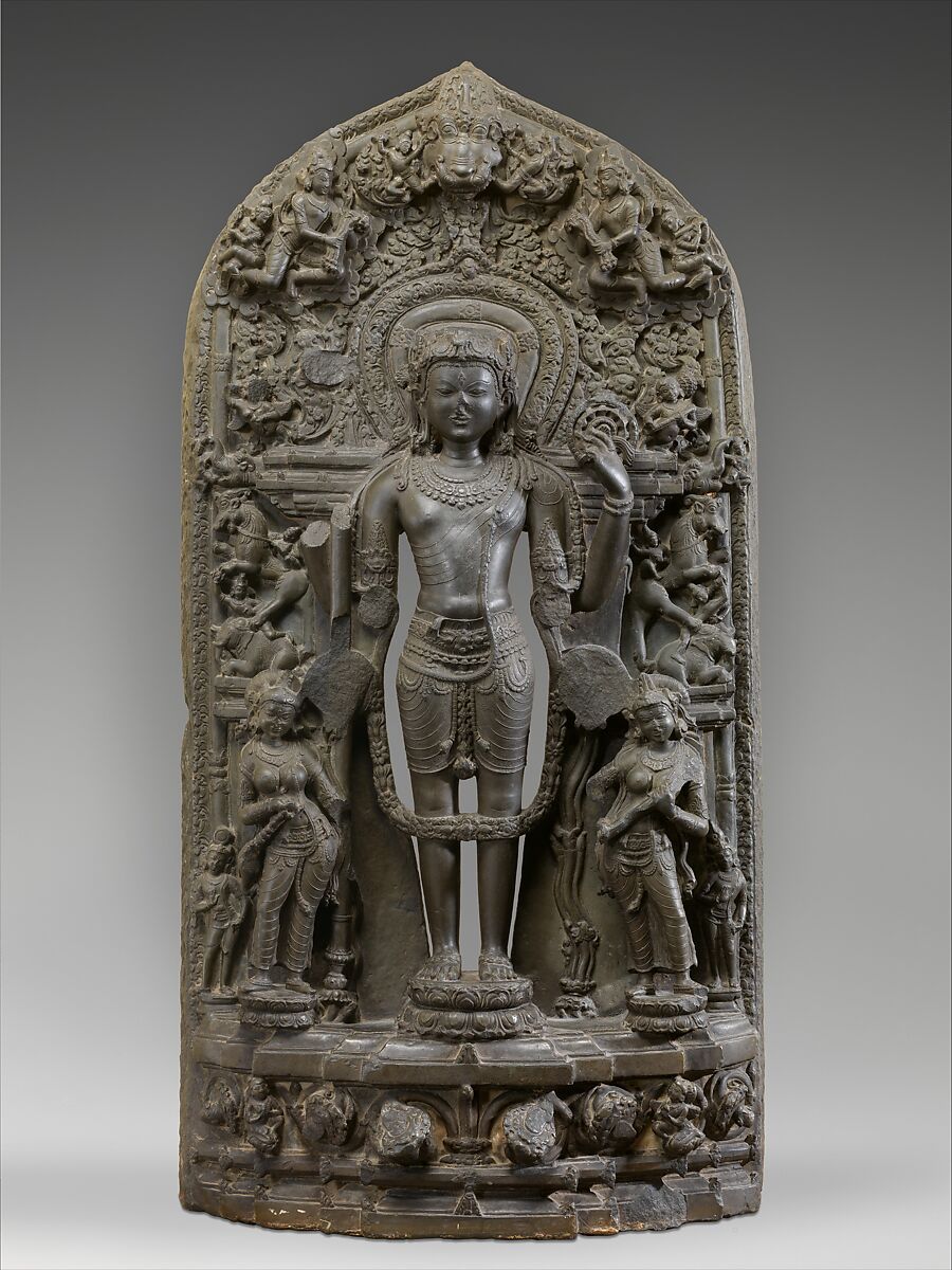 Vishnu Accompanied by Lakshmi and Sarasvati, Black phyllite, Bangladesh 