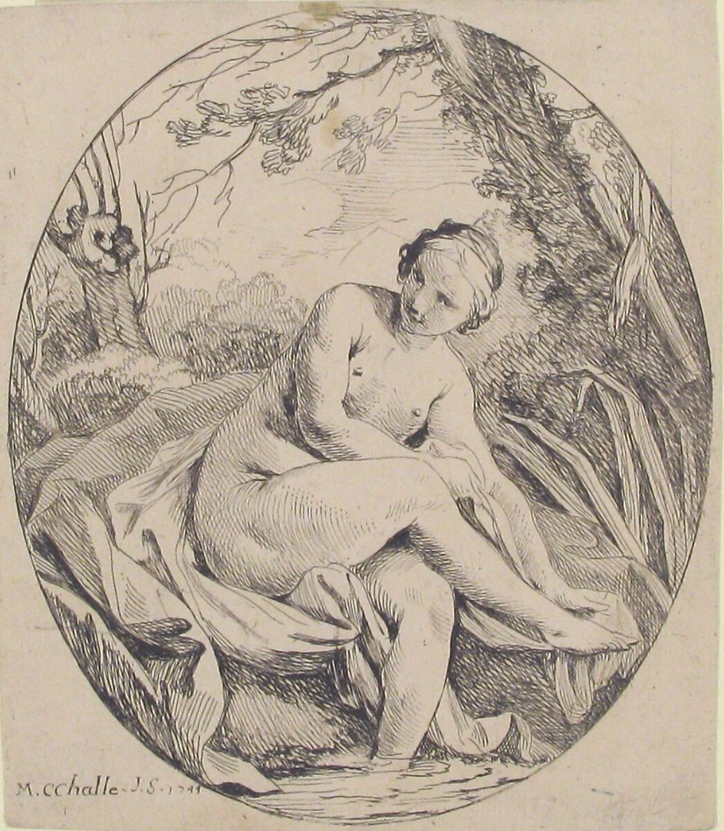 Nymph at a Bath, Charles Michel Ange Challe (French, Paris 1718–1778 Paris), Etching