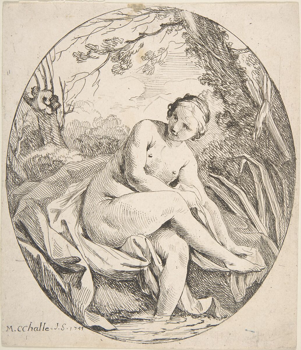 Nymph at a Bath, Charles Michel Ange Challe (French, Paris 1718–1778 Paris), Etching 