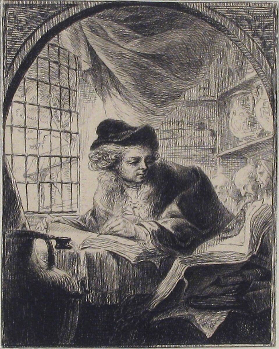 Young Man Writing and Reading from Large Volume at His Left, Baron Dominique Vivant Denon (French, Givry 1747–1825 Paris), Etching
