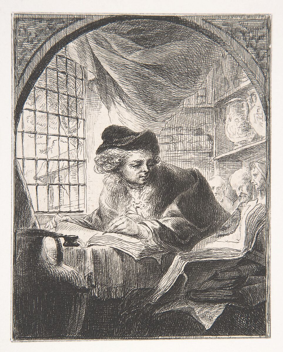 Young Man Writing and Reading from Large Volume at His Left, Baron Dominique Vivant Denon (French, Givry 1747–1825 Paris), Etching 