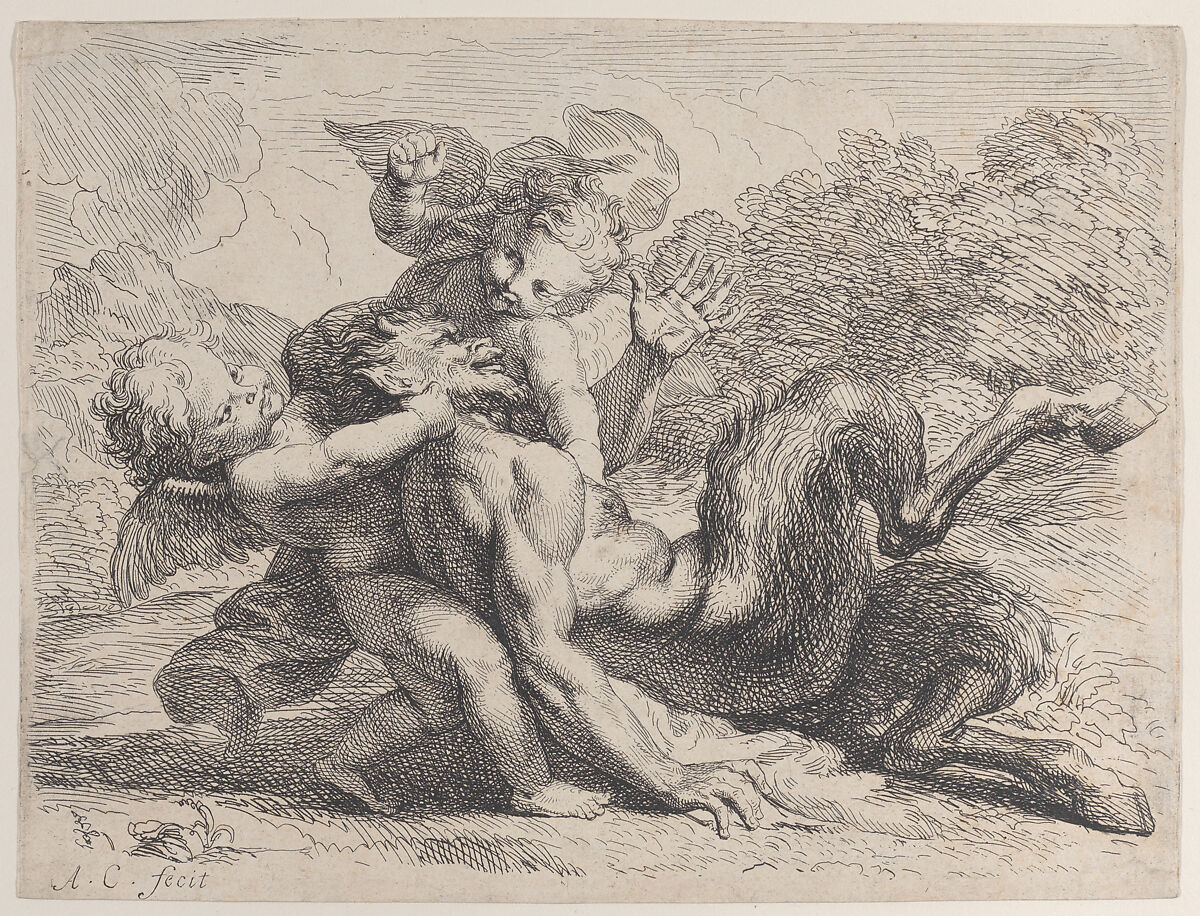 Two Cupids Wrestling Pan (Pan Vancu par les Amours), Antoine Coypel (French, Paris 1661–1722 Paris), Etching; first state of two