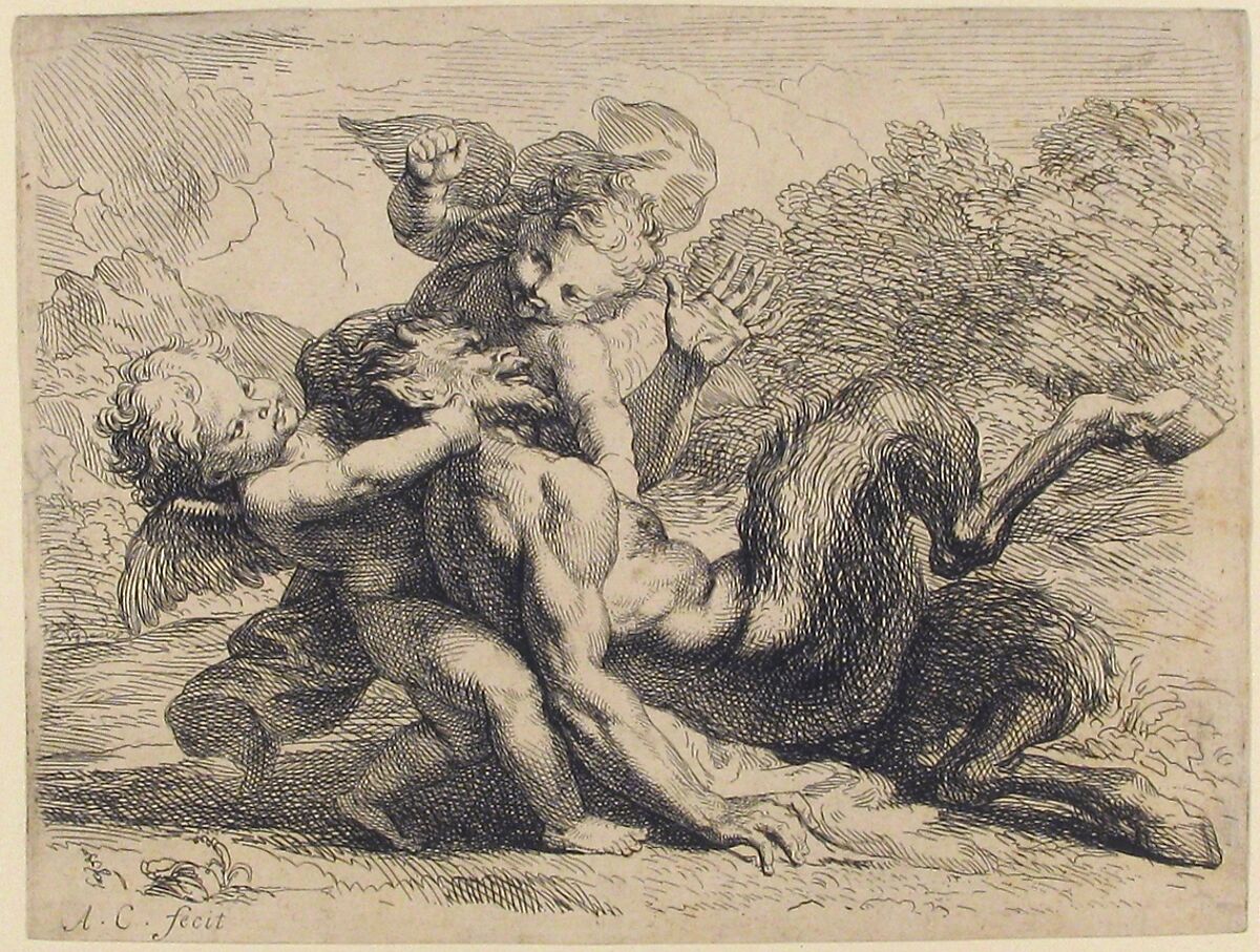 Two Cupids Wrestling Pan (Pan Vancu par les Amours), Antoine Coypel (French, Paris 1661–1722 Paris), Etching; first state of two 