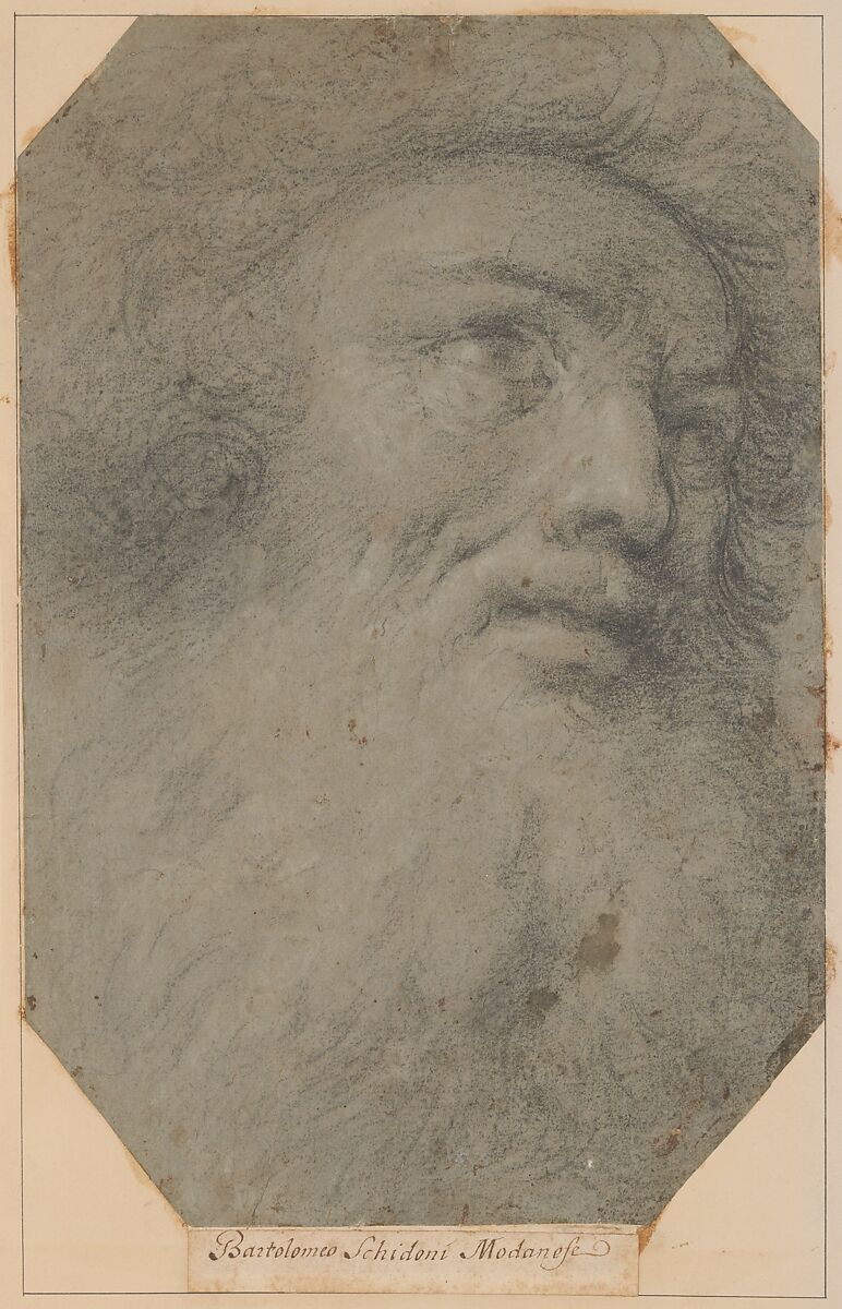 Head of a Bearded Man, Looking up to the Right, Bartolomeo Schedoni (Italian, Formigine 1578–1615 Parma), Black chalk and white chalk, on blue paper