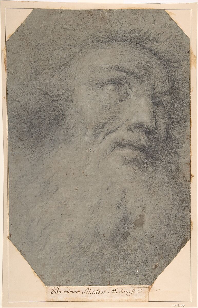 Head of a Bearded Man, Looking up to the Right, Bartolomeo Schedoni (Italian, Formigine 1578–1615 Parma), Black chalk and white chalk, on blue paper 