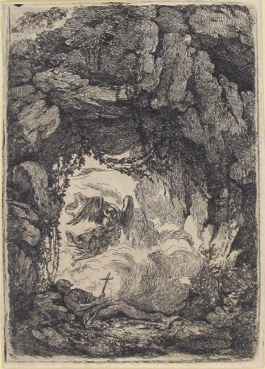Hermit and Angel in a Landscape, Etienne de Lavallée-Poussin (French, Rouen 1733–1793 Paris), Etching 