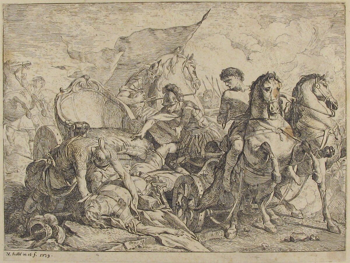 Fall of Antiochus From His Chariot, Noël Hallé (French, Paris 1711–1781 Paris), Etching 