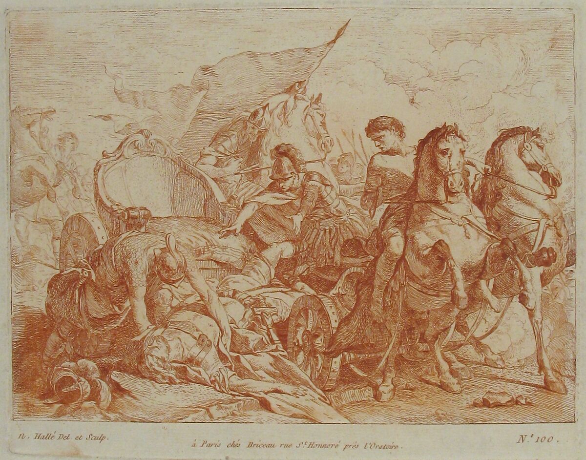 Fall of Antiochus From His Chariot, Noël Hallé (French, Paris 1711–1781 Paris), Etching in red ink