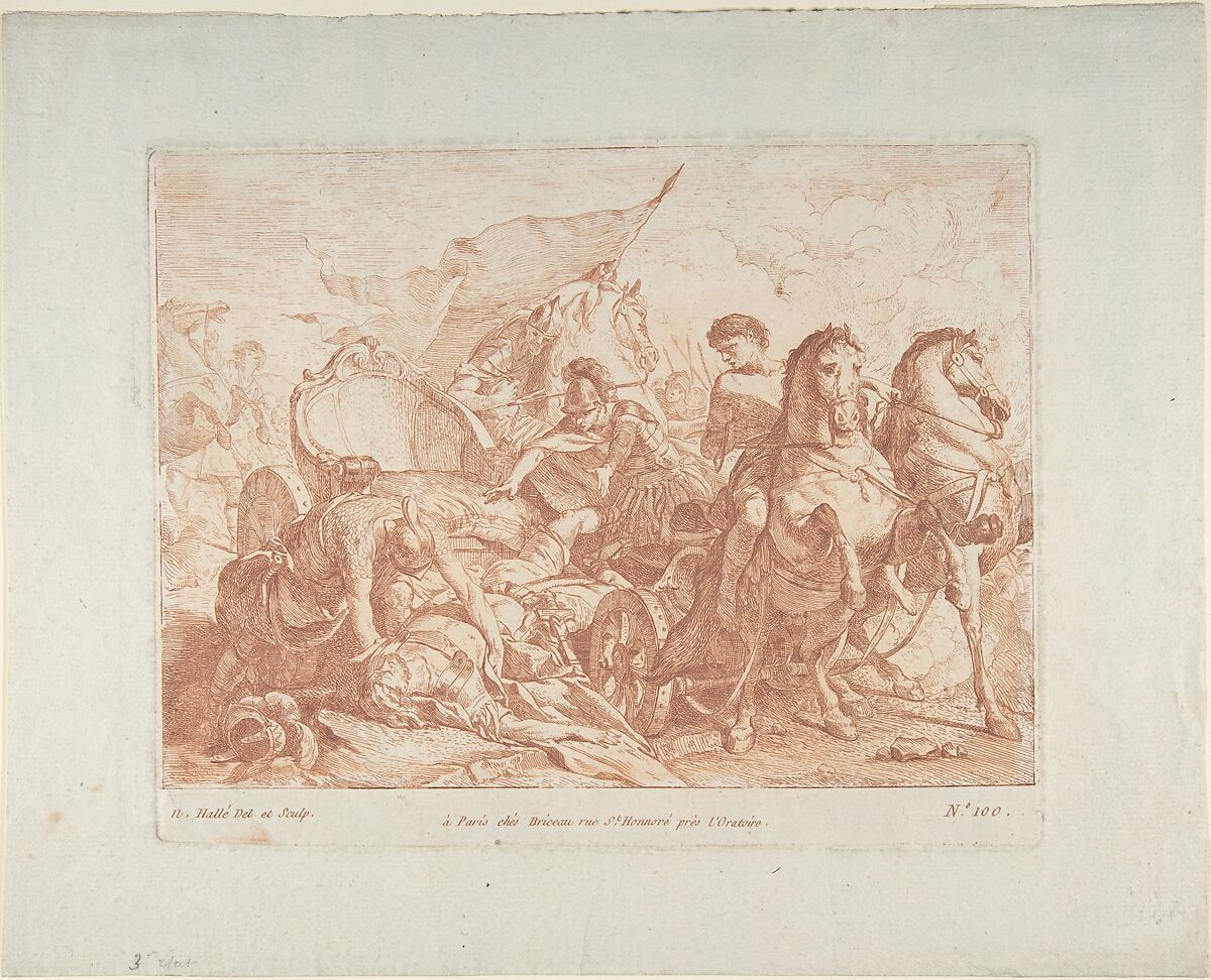 Fall of Antiochus From His Chariot, Noël Hallé (French, Paris 1711–1781 Paris), Etching in red ink 