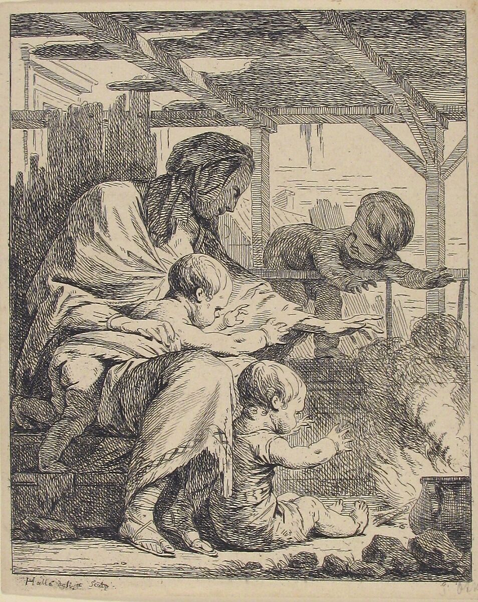 Family Warming Their Hands By a Fire, Noël Hallé (French, Paris 1711–1781 Paris), Etching