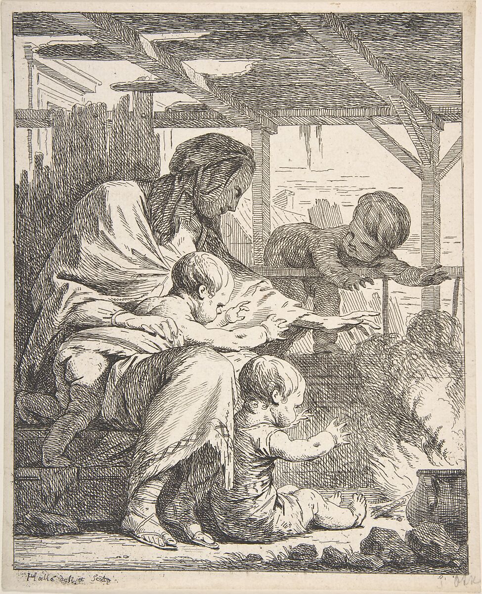 Family Warming Their Hands By a Fire, Noël Hallé (French, Paris 1711–1781 Paris), Etching 