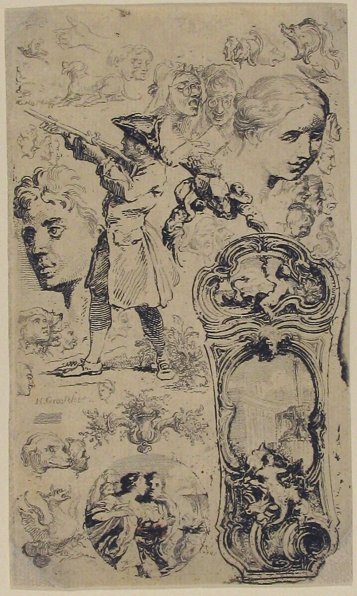 Sheet of sketches, Hubert François Gravelot (French, Paris 1699–1773 Paris), Etching