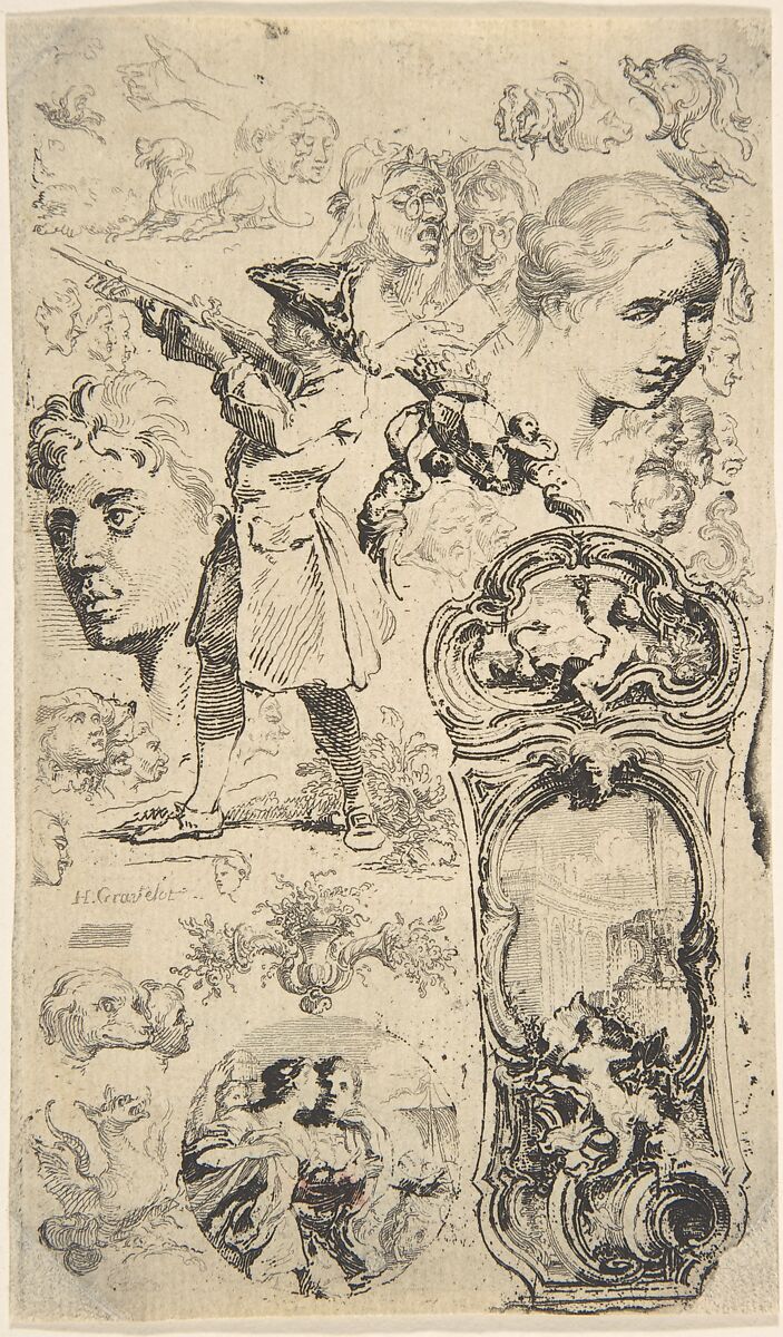 Sheet of sketches, Hubert François Gravelot (French, Paris 1699–1773 Paris), Etching