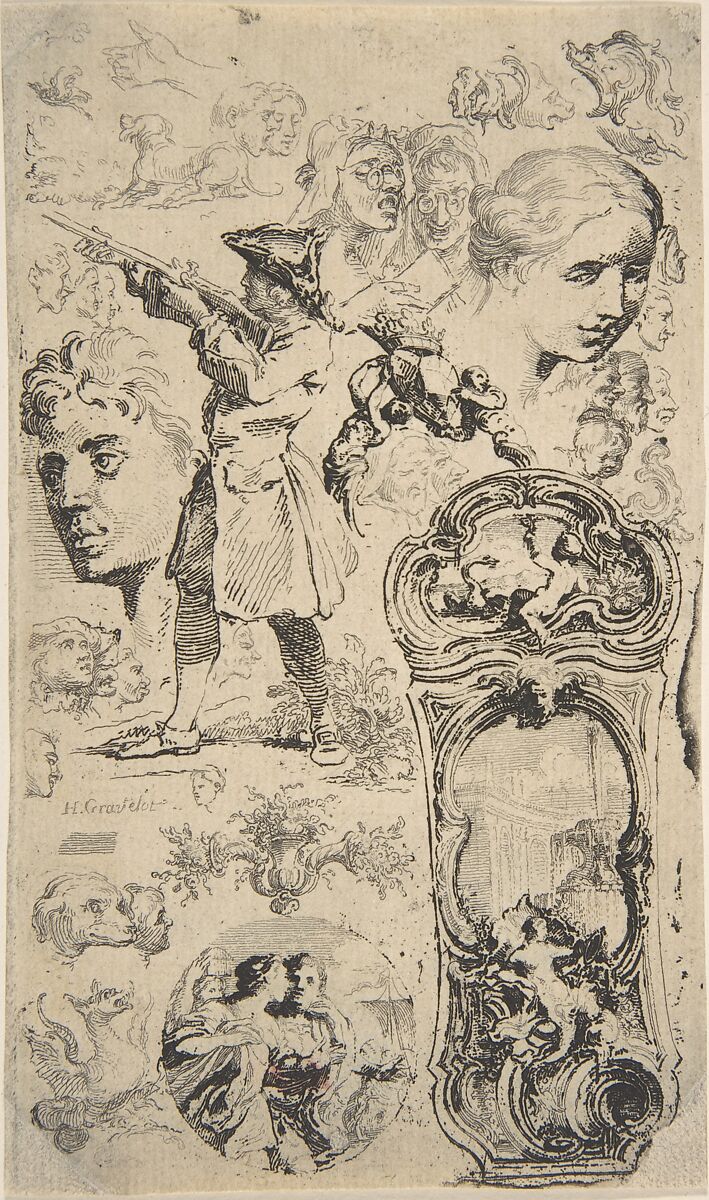 Sheet of sketches, Hubert François Gravelot (French, Paris 1699–1773 Paris), Etching 