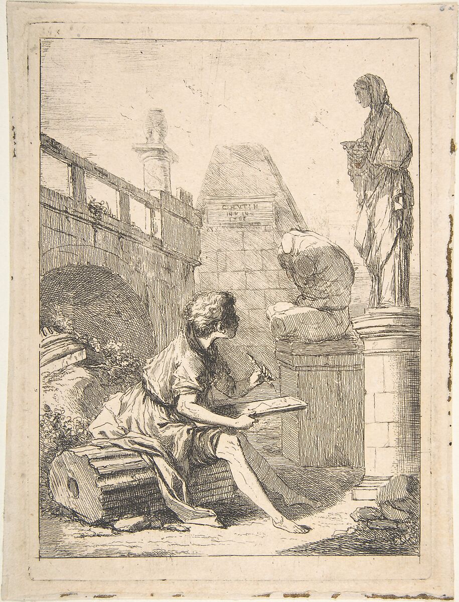 Boy Sketching Ruins, Charles Hutin (French, Paris 1715–1776 Dresden), Etching 