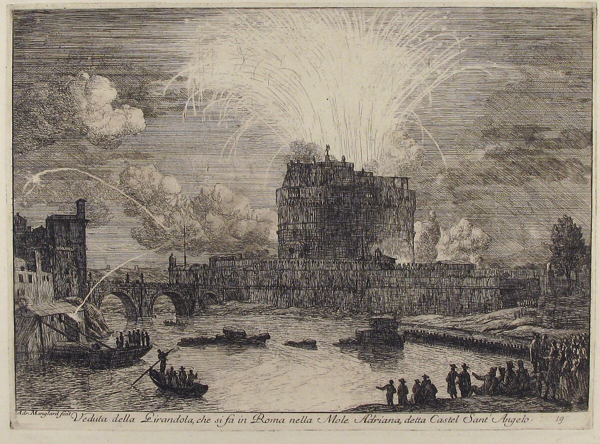 Fireworks in Rome Over Castel Sant' Angelo, Adriaen Manglard (French, 1695–1760), Etching