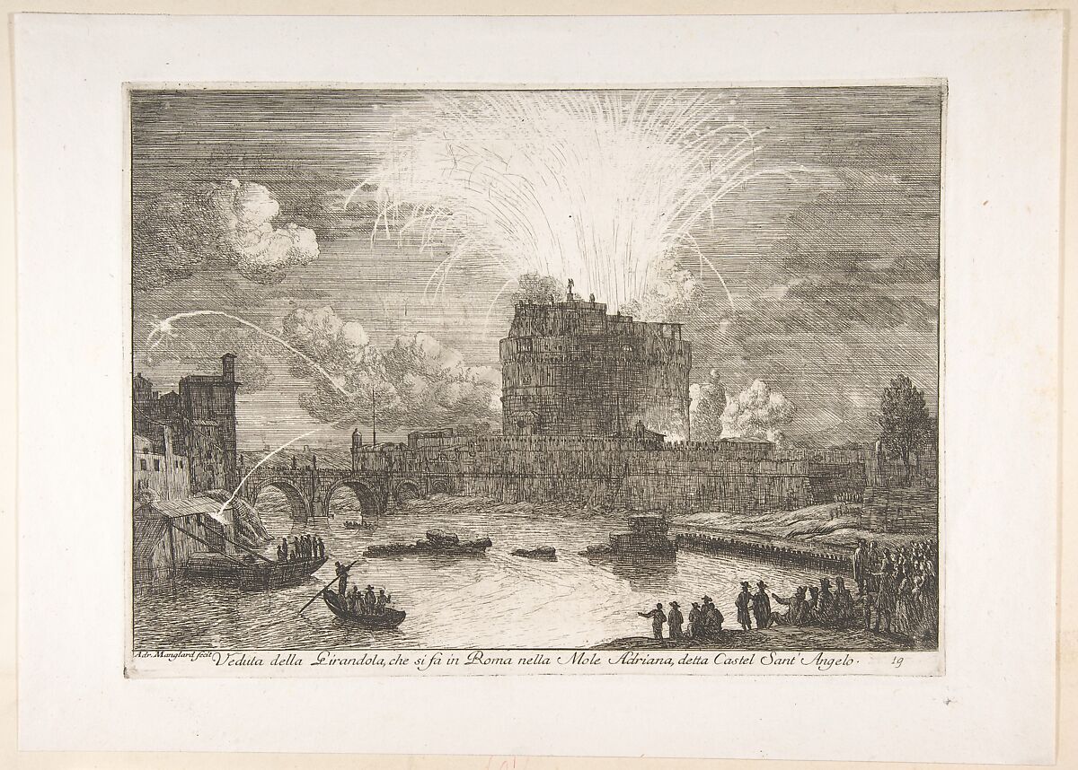 Fireworks in Rome Over Castel Sant' Angelo, Adriaen Manglard (French, 1695–1760), Etching 