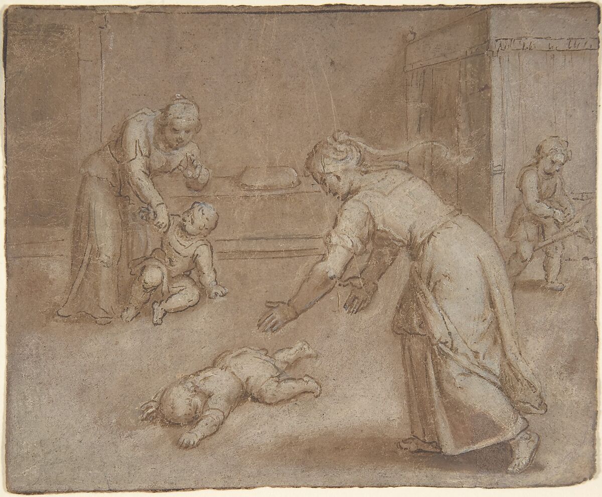 Two women and three children in an interior, Otto van Veen (Netherlandish, Leiden 1556–1629 Brussels), Brush and brown ink, white body color; framing line in pen and brown ink 