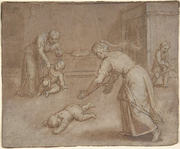 Two women and three children in an interior