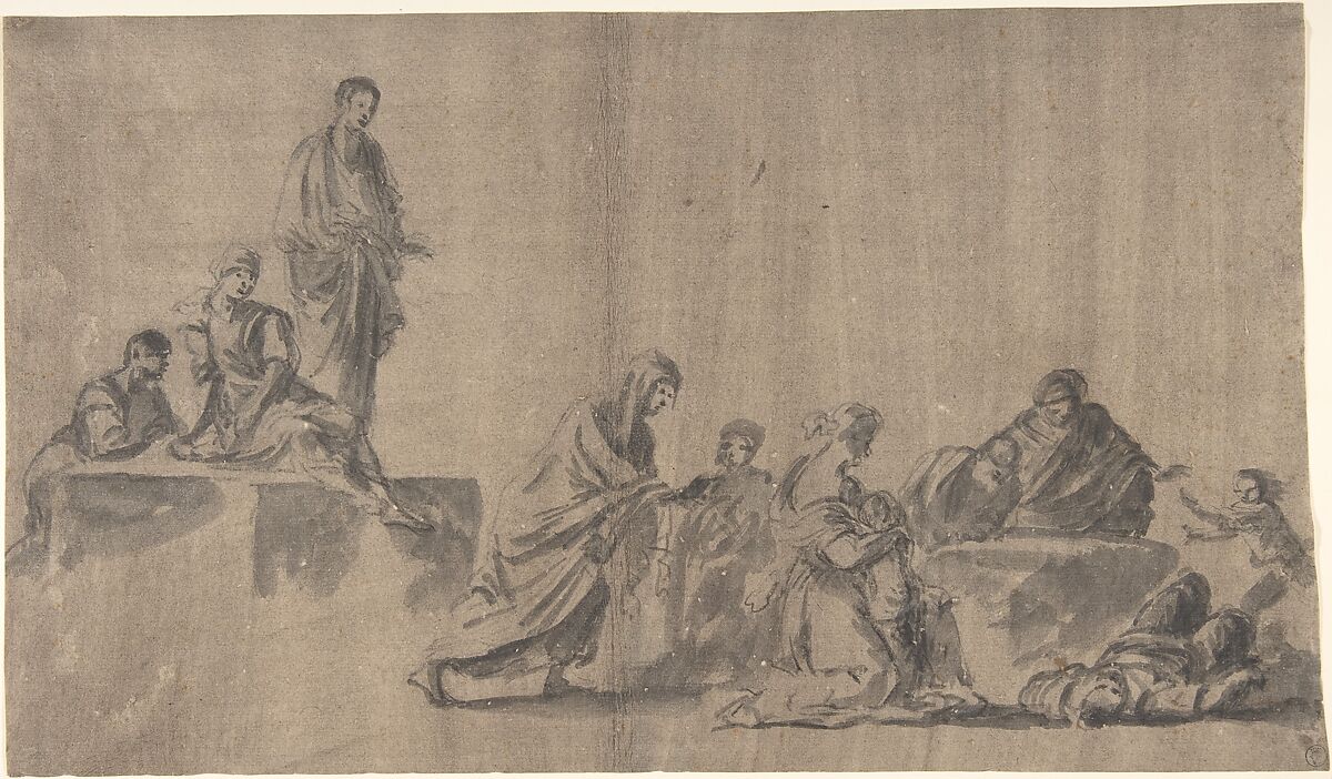 Figures Surrounding a Man Lying on the Ground; verso: A Group of Figures, Anonymous, German, 18th century, Brush and gray ink, over a sketch in black chalk; verso: black chalk 