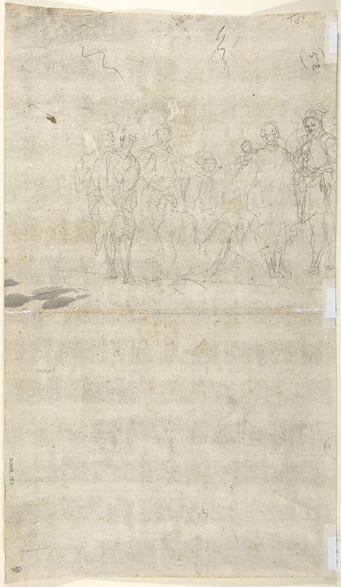Figures Surrounding a Man Lying on the Ground; verso: A Group of Figures, Anonymous, German, 18th century, Brush and gray ink, over a sketch in black chalk; verso: black chalk