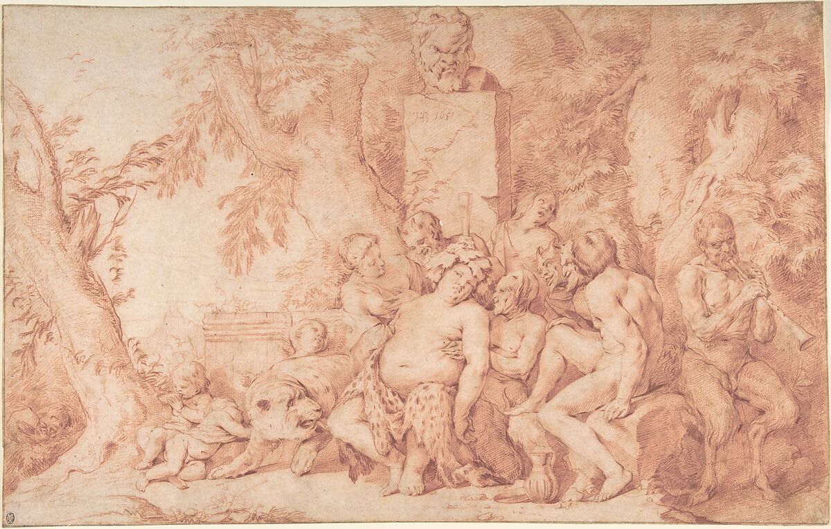 Bacchanalian Scene, Attributed to Hendrick Berckman (Dutch, Klundert 1629–1679 Middelburg), Red chalk. Framing line in graphite 