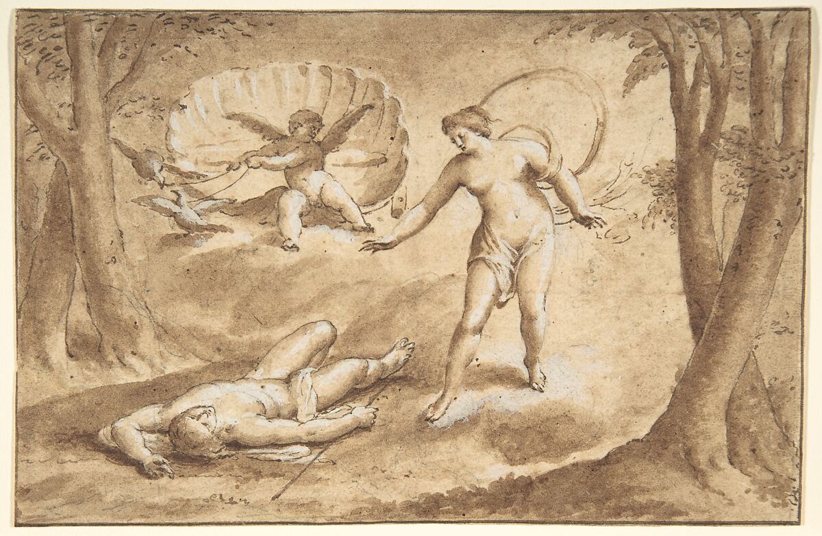 Venus Discovering the Death of Adonis, Anonymous, Dutch, 17th century ?, Pen and brown ink, brush and brown wash, heightened with white bodycolour, over a sketch in black chalk; framing lines in pen and brown ink 