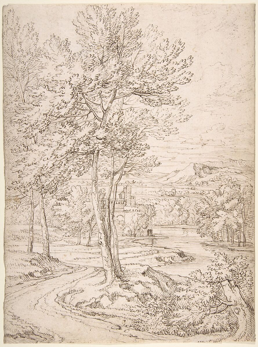 Classical Landscape with a Building and a River, Abraham Genoels II (Flemish, Antwerp 1640–1723 Antwerp), Pen and two tints of brown ink 