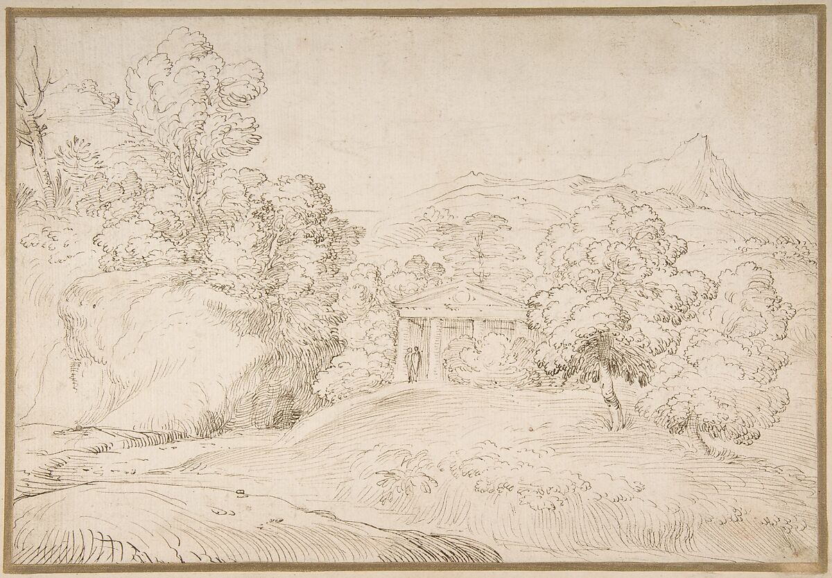 Landscape with a Pedimented Temple and Two Figures, Giovanni Francesco Grimaldi (Italian, Bologna 1606–1680 Rome), Pen and brown ink 
