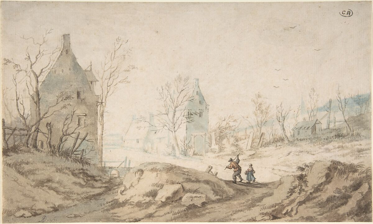 Winter Landscape with Two Peasants Walking, August Dahlsteen (Swedish, Stockholm before 1720–ca. 1769 Kassel (?)), Brush and brown and blue ink 